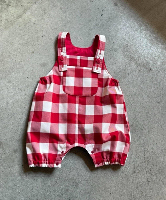 【兒童/嬰兒】【紅色&藍色】格子圖案吊帶連體褲