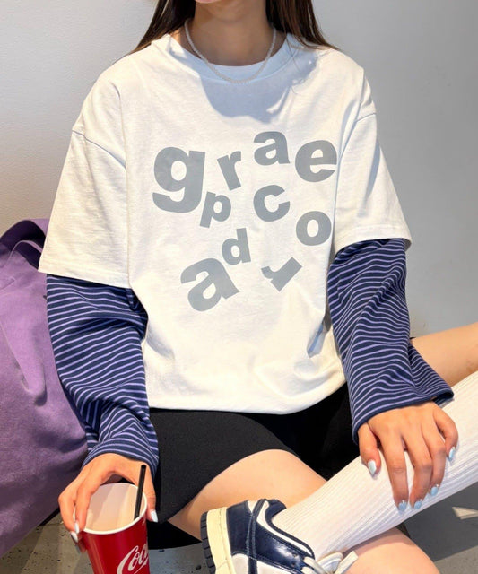 【男女通用】疊層條紋logo短袖T恤