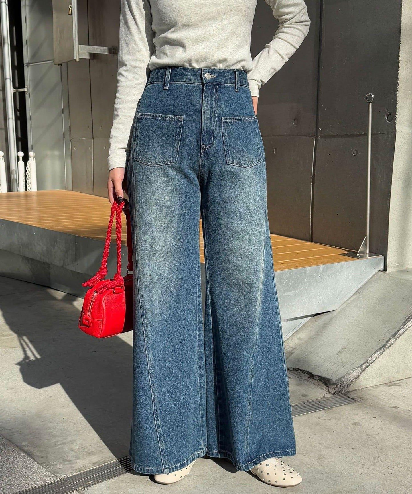 【CIAN DENIM/藍色牛仔布】分裂式前開衩寬鬆牛仔褲#002