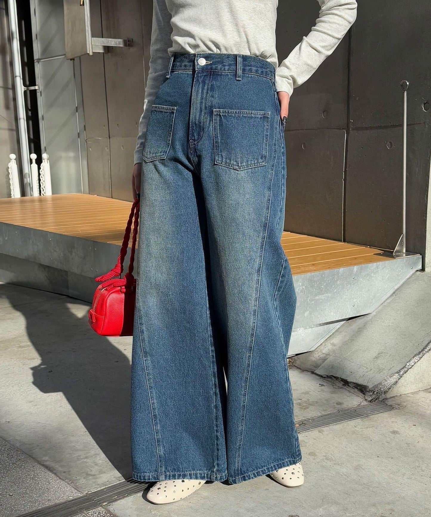 【CIAN DENIM/藍色牛仔布】分裂式前開衩寬鬆牛仔褲#002