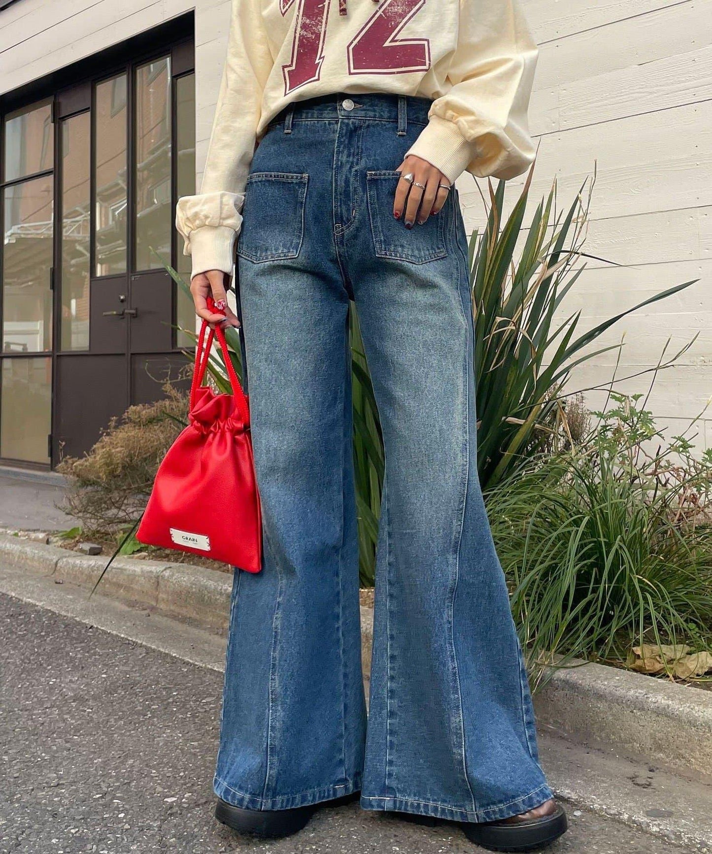 【CIAN DENIM/藍色牛仔布】分裂式前開衩寬鬆牛仔褲#002