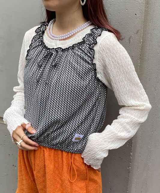 H.S格子印花氣球袖上衣套裝