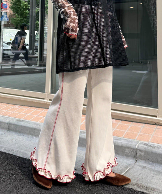 H.S燈芯絨下襬荷葉邊喇叭褲