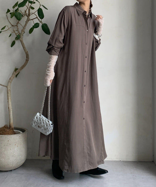 萊卡絲綢長款襯衫連衣裙