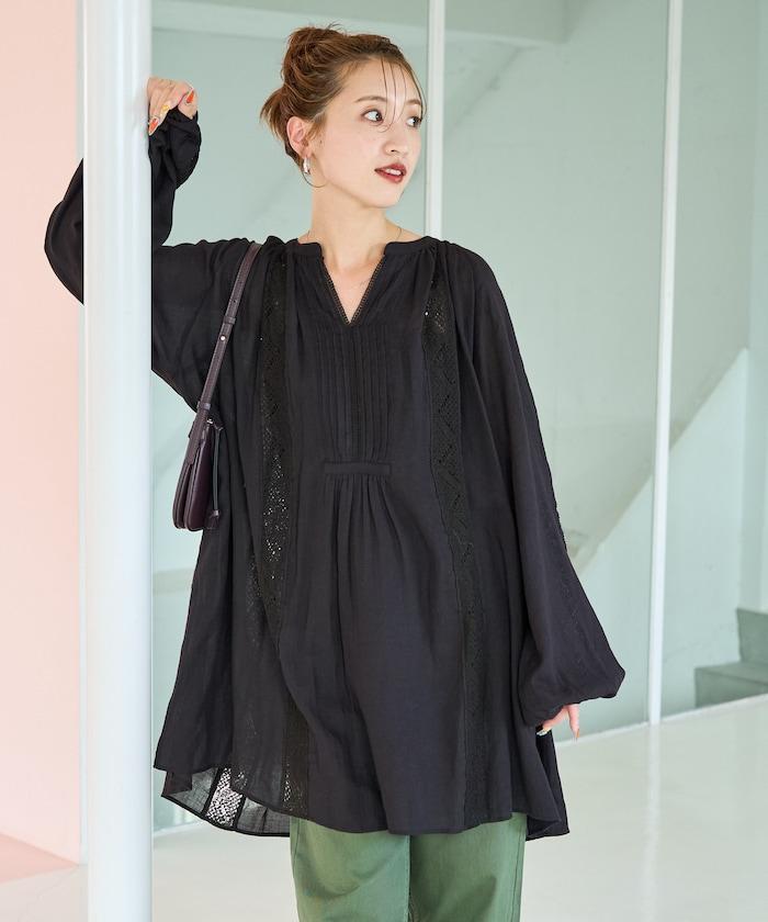 印度蕾絲褶飾長袖襯衫