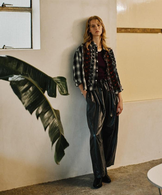 仿皮休閒褶皺長褲