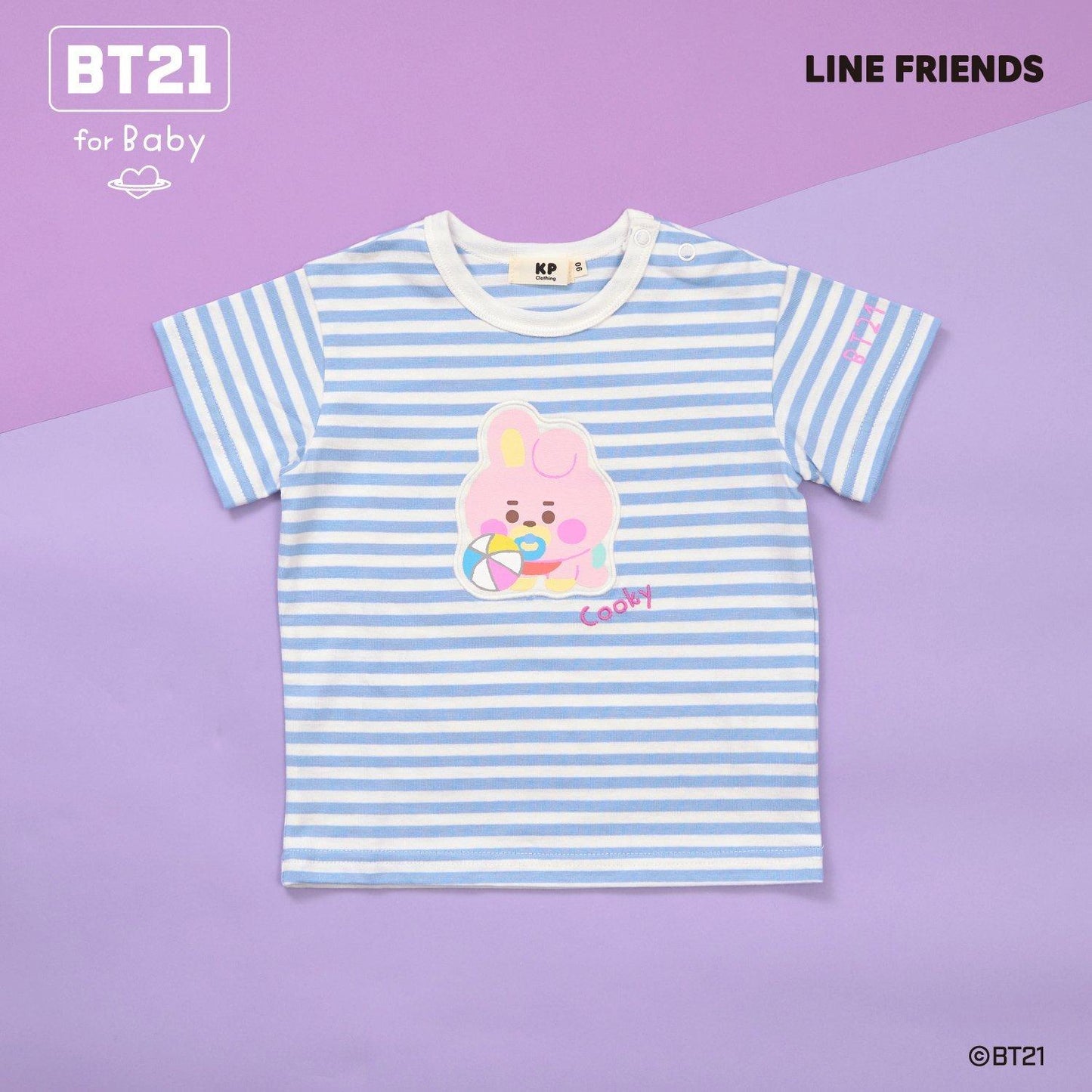 【《BT21》】貼布繡條紋短袖T恤
