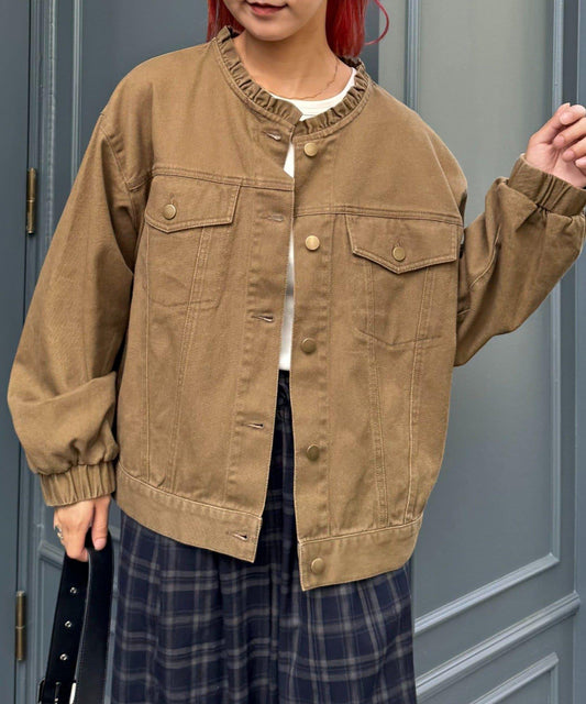 【willow】無領微荷葉邊袖寬鬆夾克