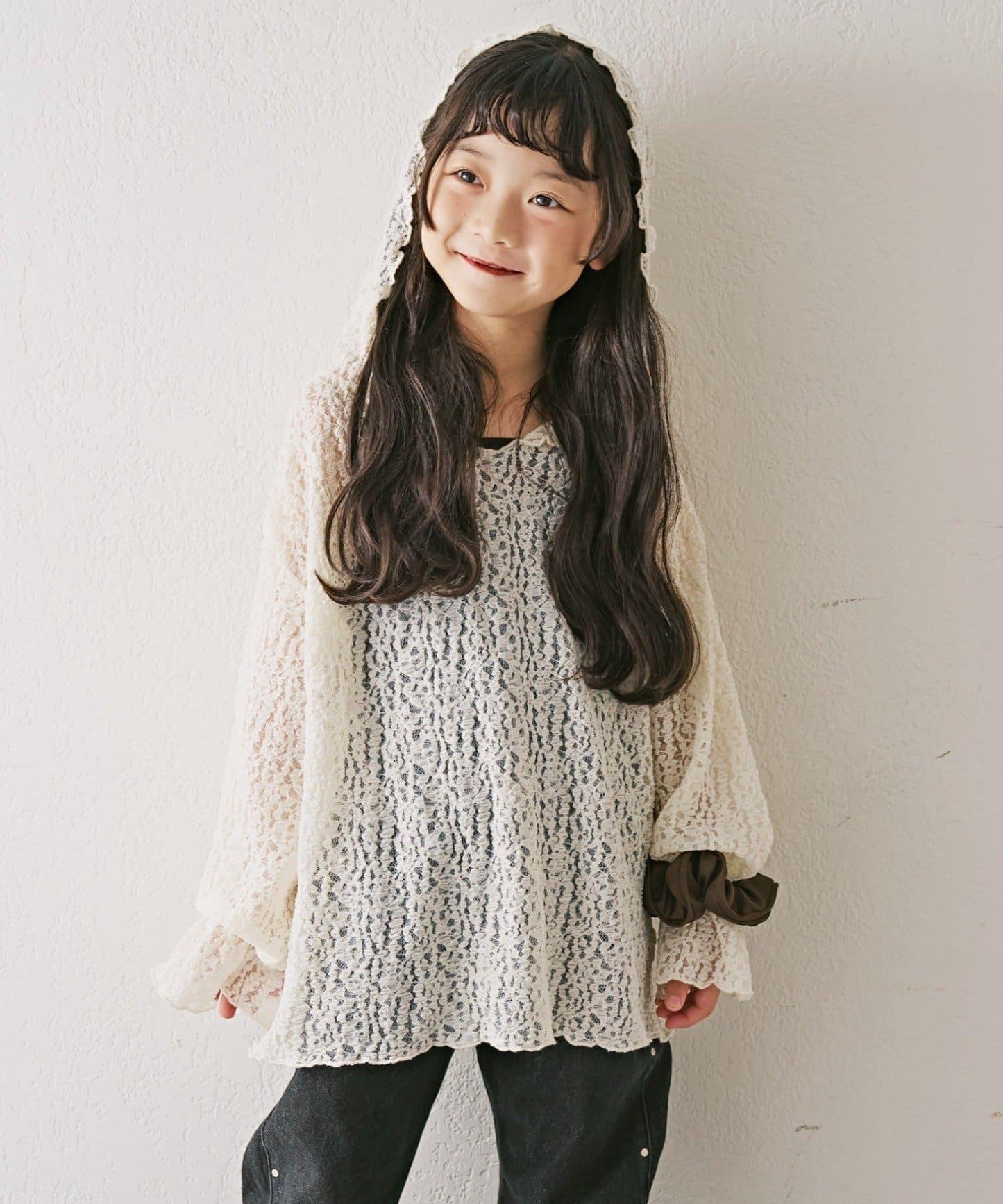 【KIDS】彈力蕾絲連帽衫