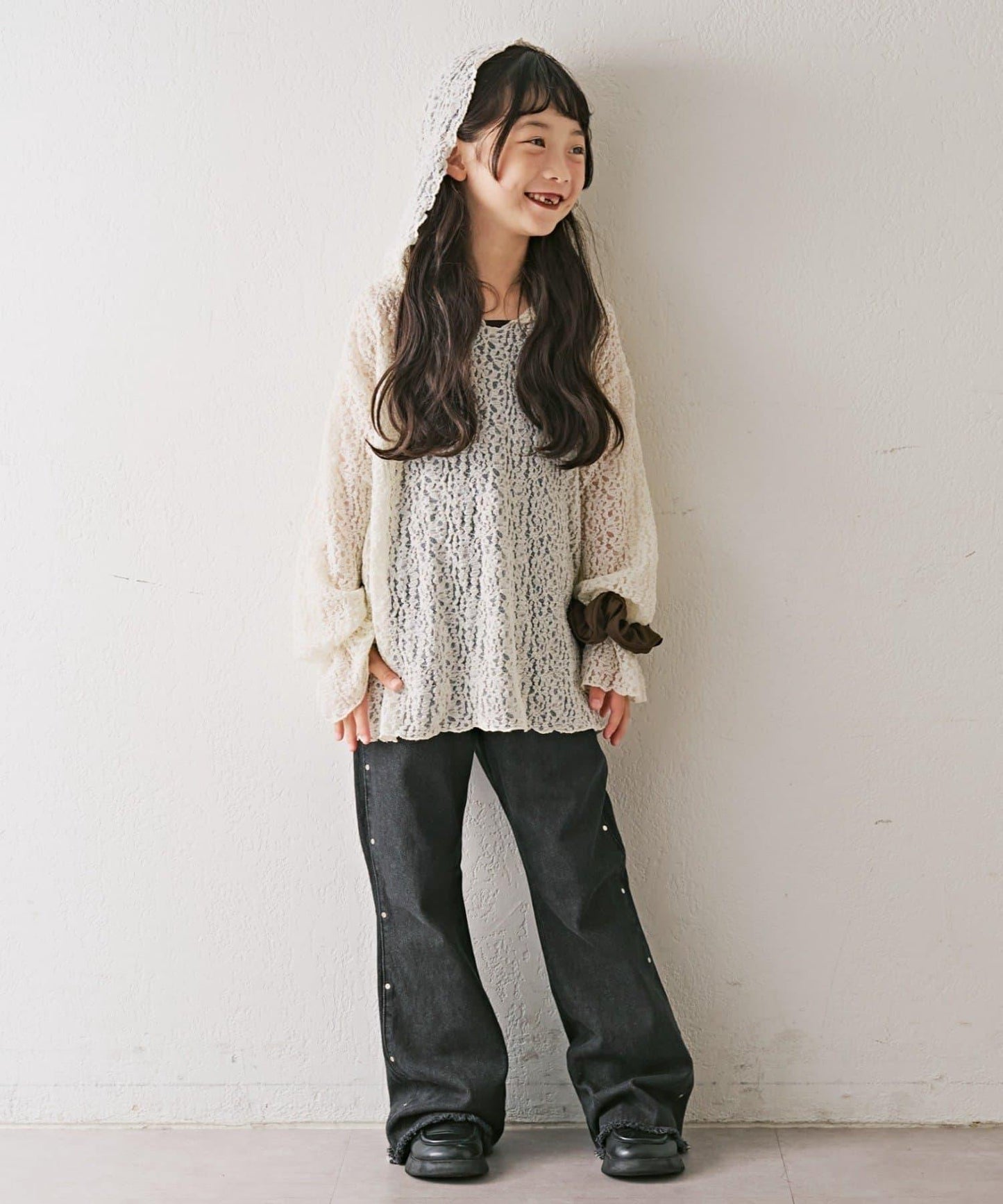 【KIDS】彈力蕾絲連帽衫