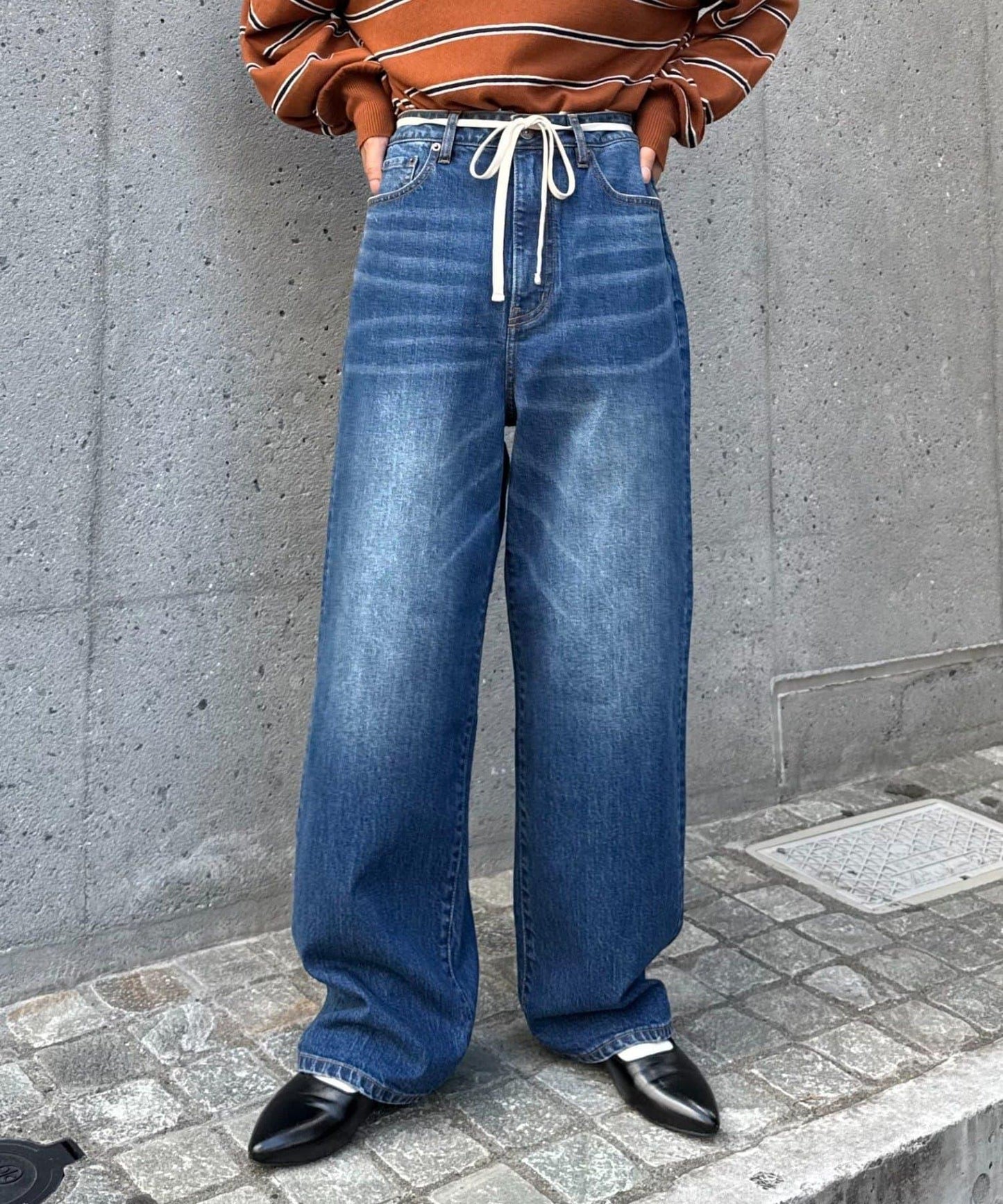 【HENRY】復古牛仔/附腰帶寬鬆牛仔褲