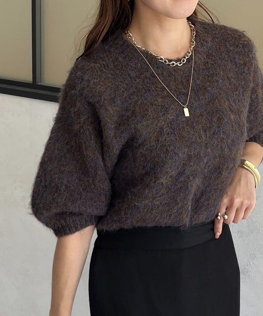 仿馬海毛混色半袖針織衫