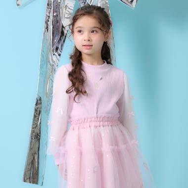 項鍊刺繡袖子網紗羅紋長袖T恤