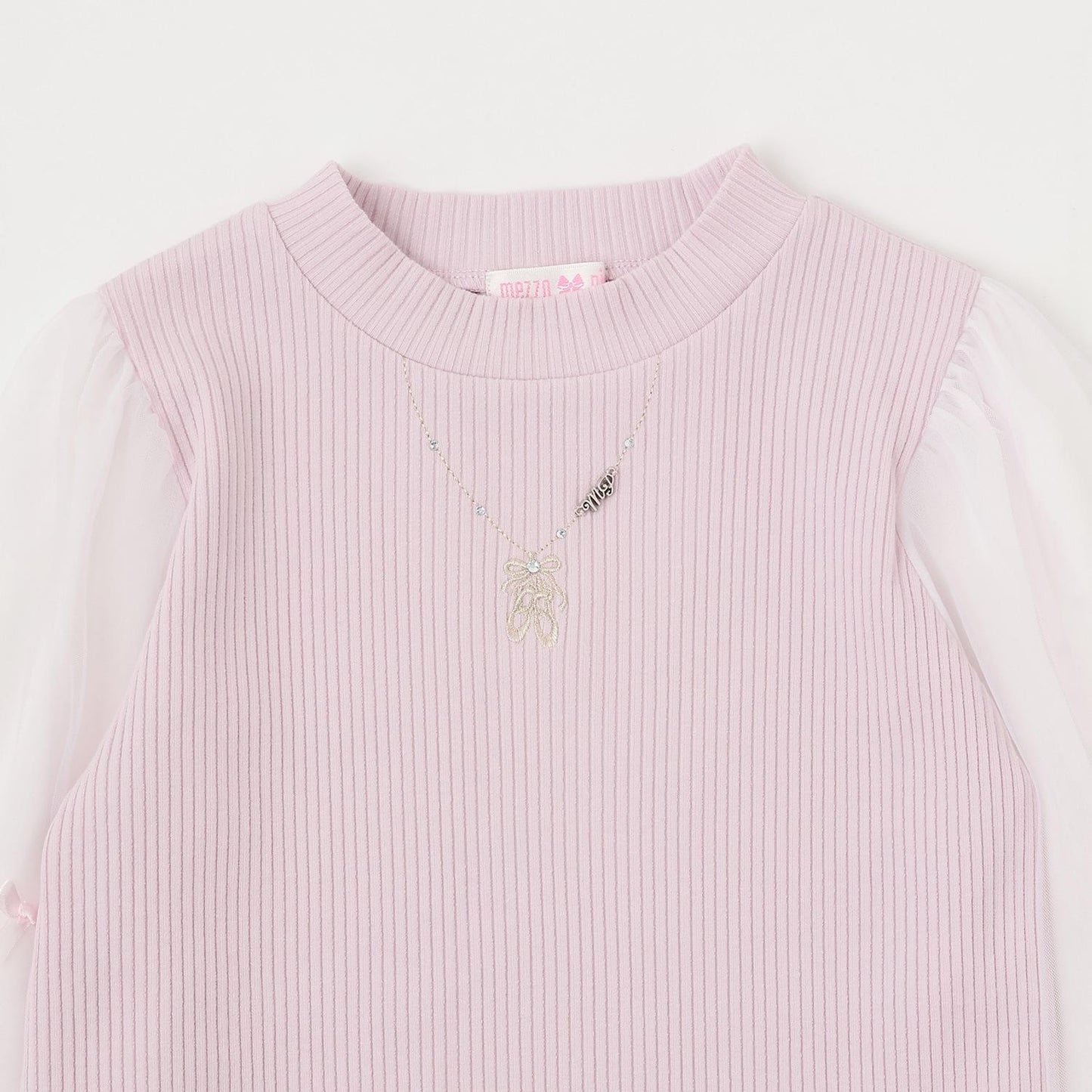 項鍊刺繡袖子網紗羅紋長袖T恤