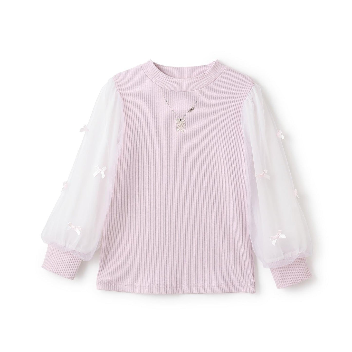 項鍊刺繡袖子網紗羅紋長袖T恤