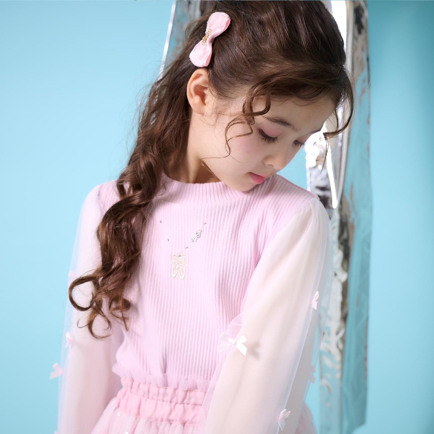 項鍊刺繡袖子網紗羅紋長袖T恤