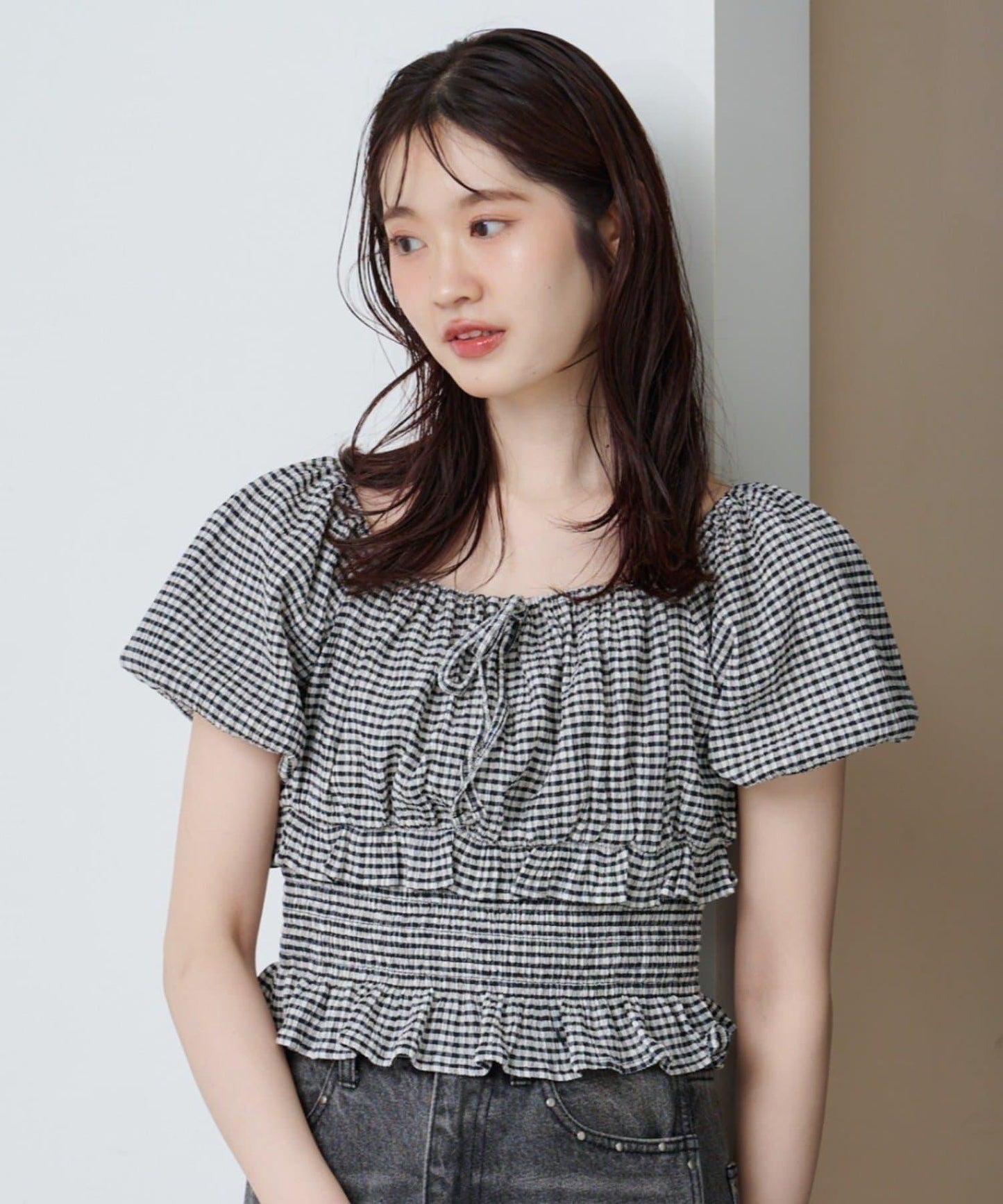 Kastane 格紋泡泡袖上衣