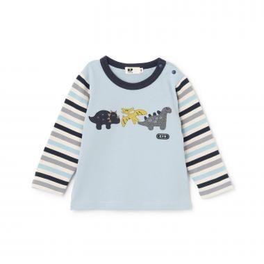 恐龍貼布繡拼接袖條紋長袖T恤