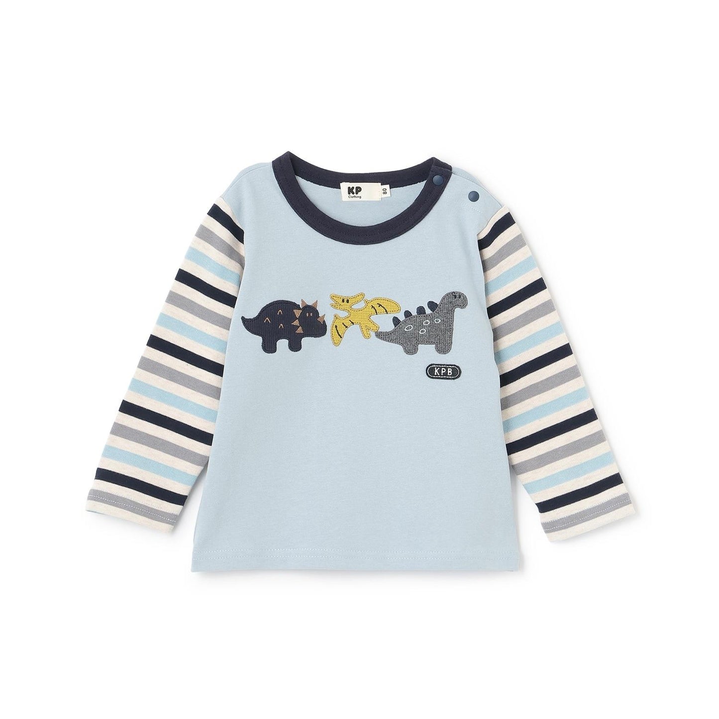 恐龍貼布繡拼接袖條紋長袖T恤