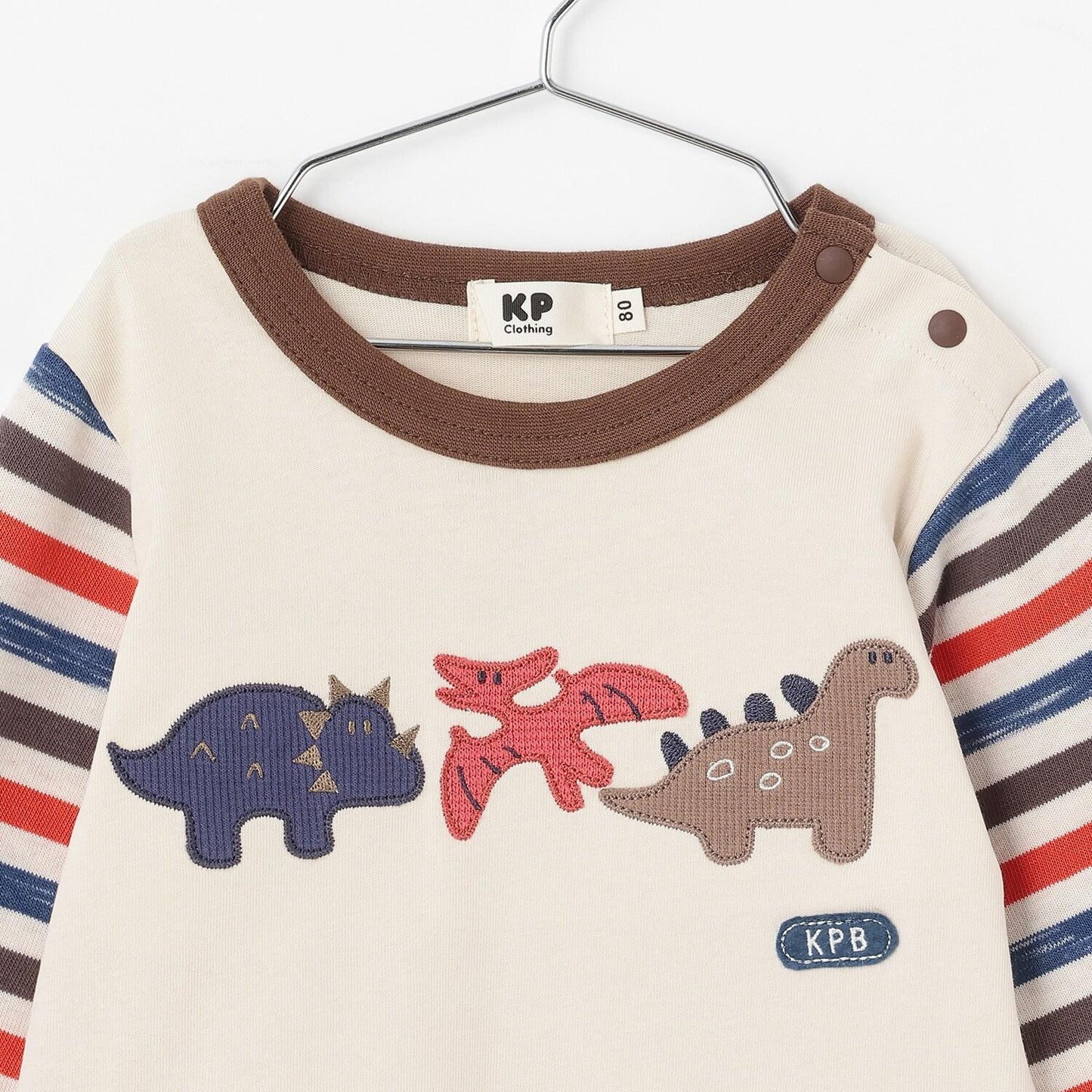 恐龍貼布繡拼接袖條紋長袖T恤