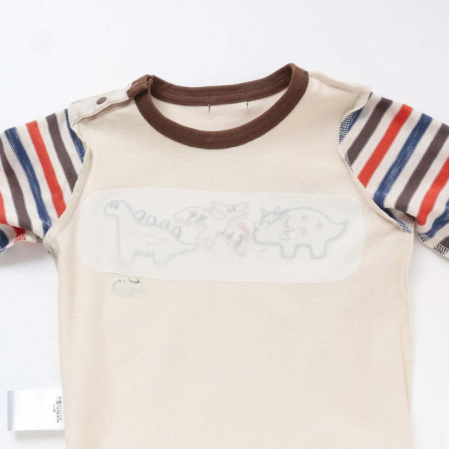 恐龍貼布繡拼接袖條紋長袖T恤