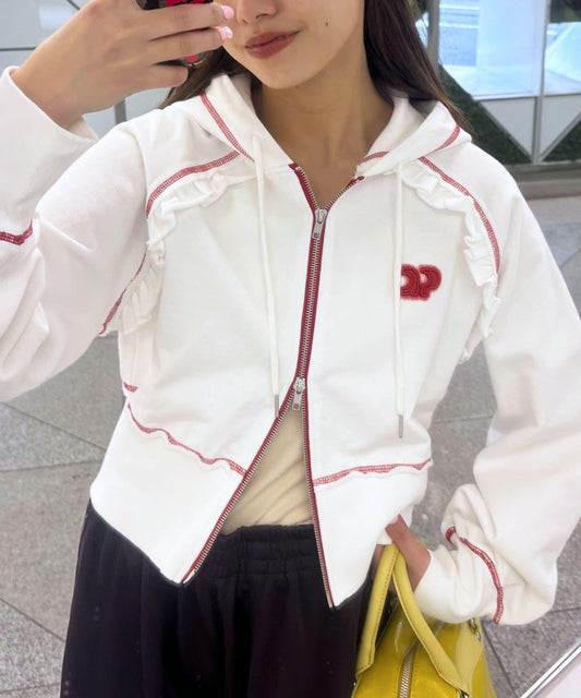 CP標誌荷葉邊短款拉鍊衛衣