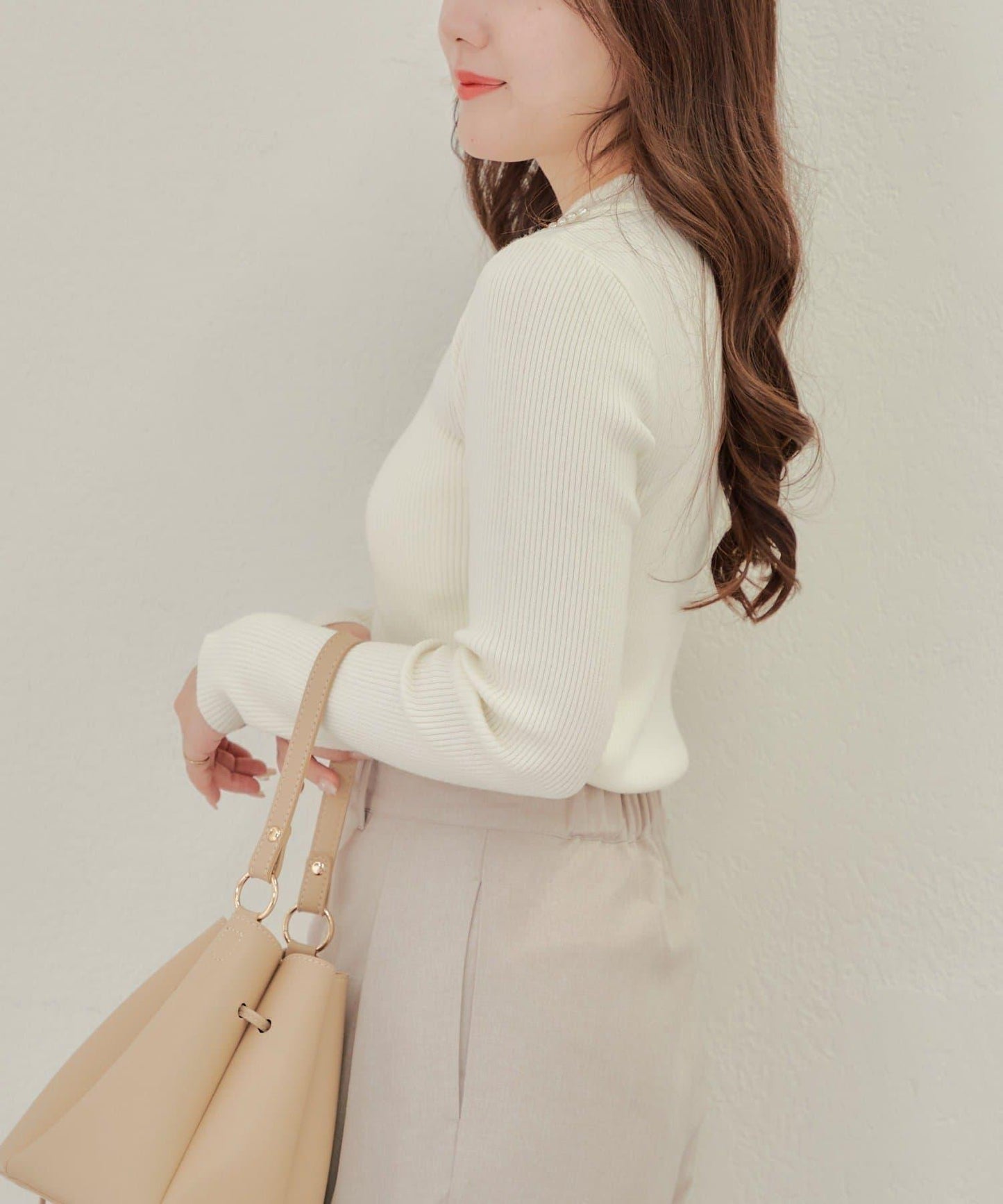 【RMAF】珍珠裝飾小高領羅紋針織衫