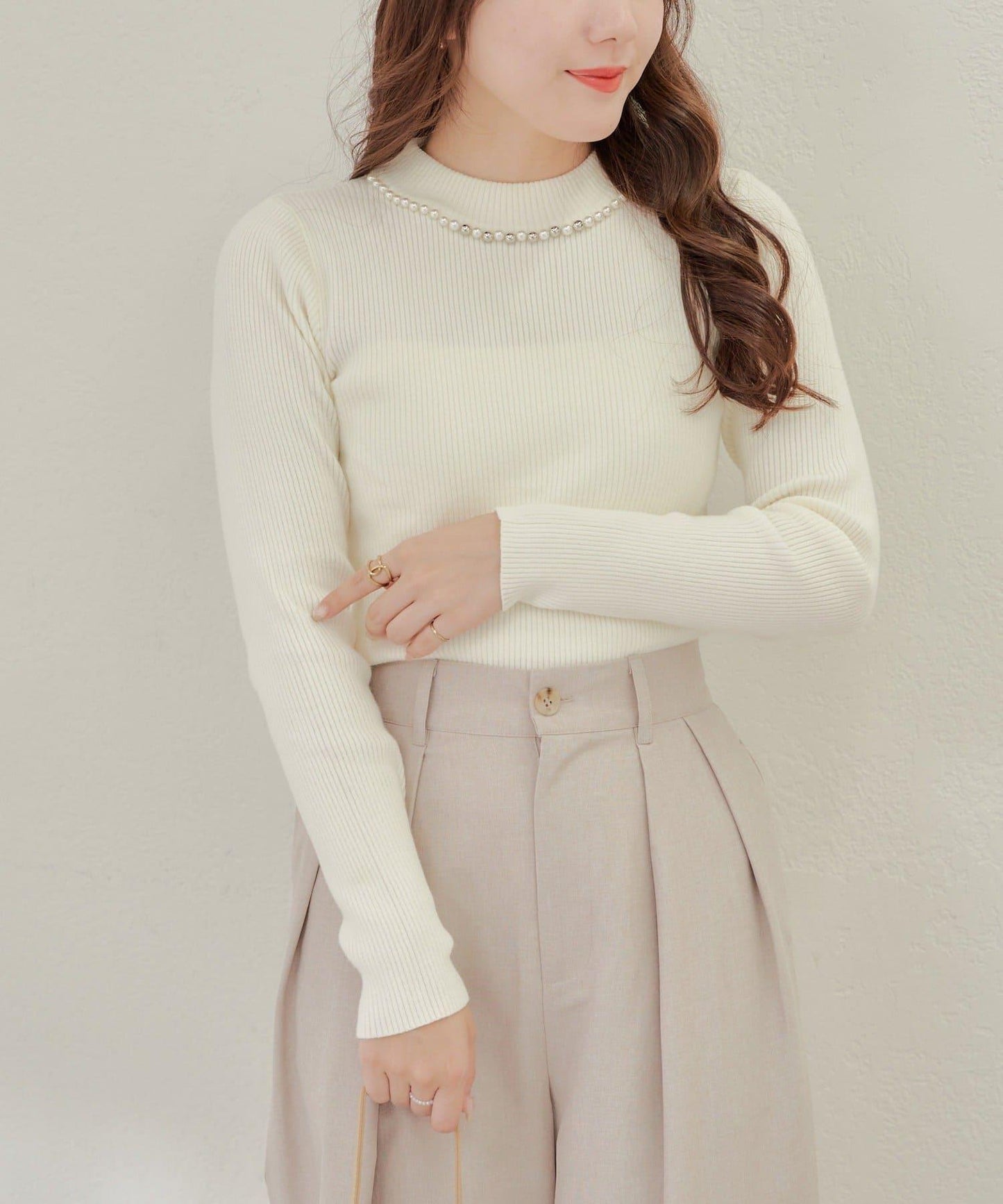 【RMAF】珍珠裝飾小高領羅紋針織衫