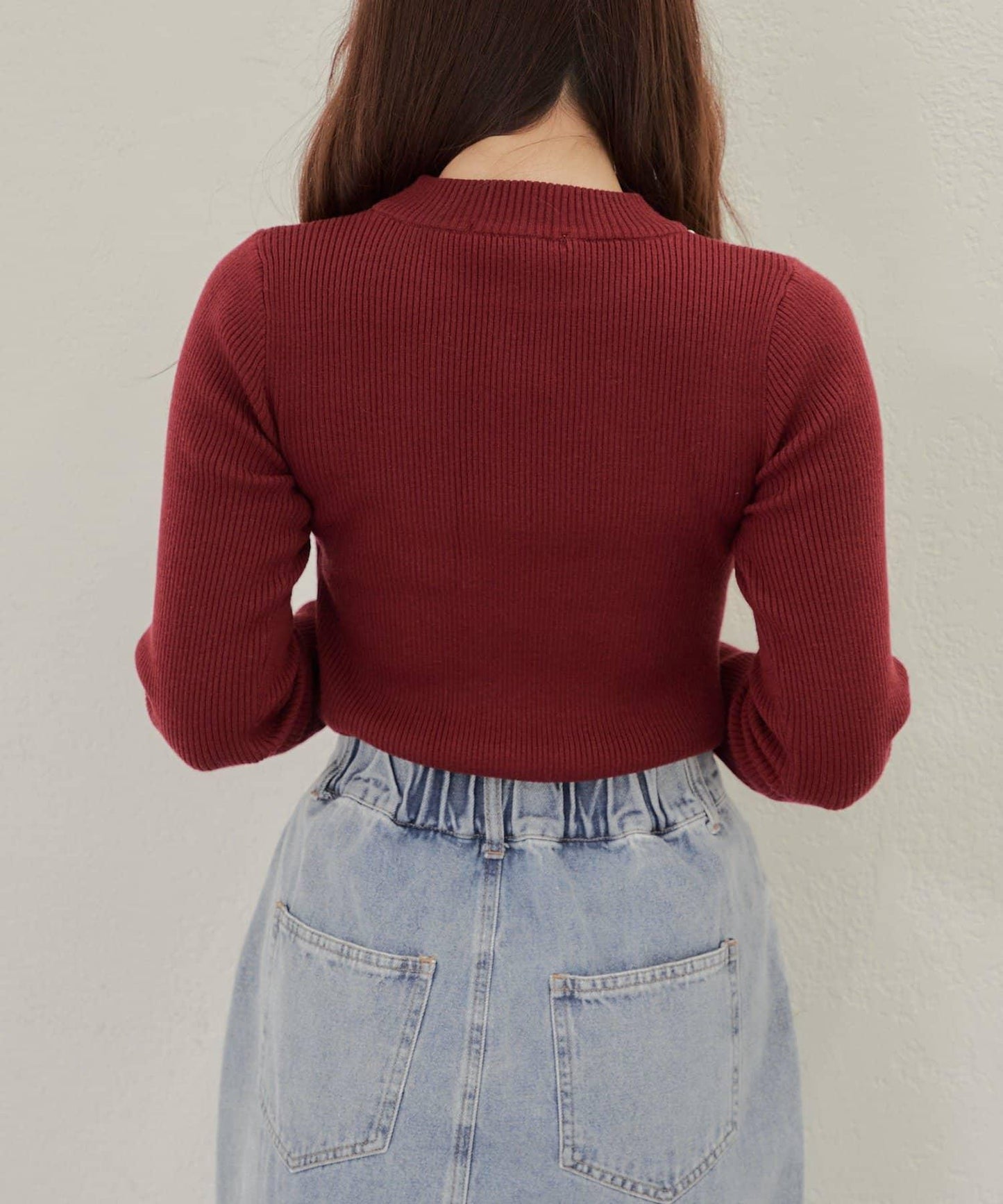 【RMAF】珍珠裝飾小高領羅紋針織衫