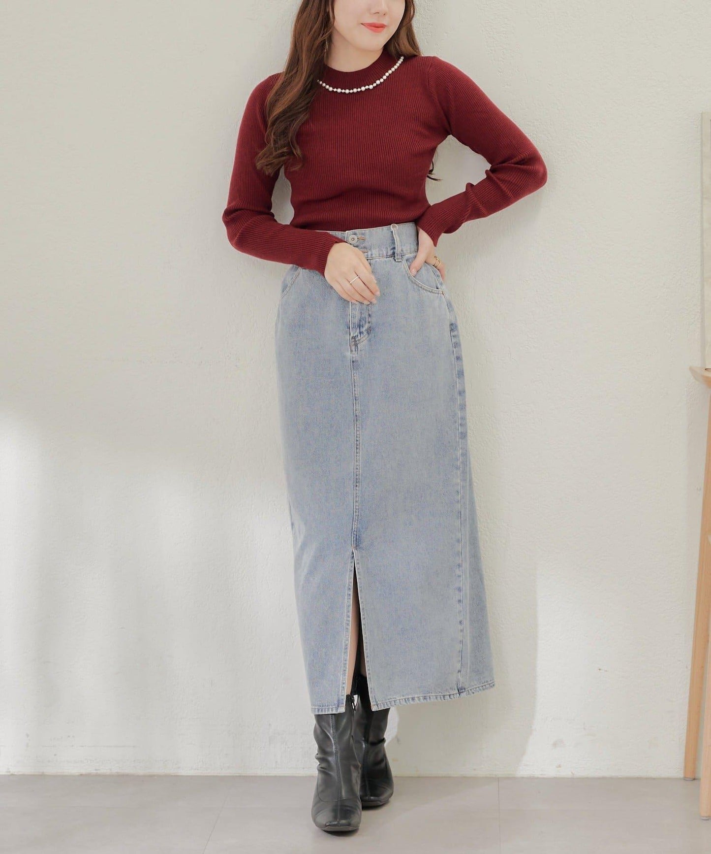 【RMAF】珍珠裝飾小高領羅紋針織衫