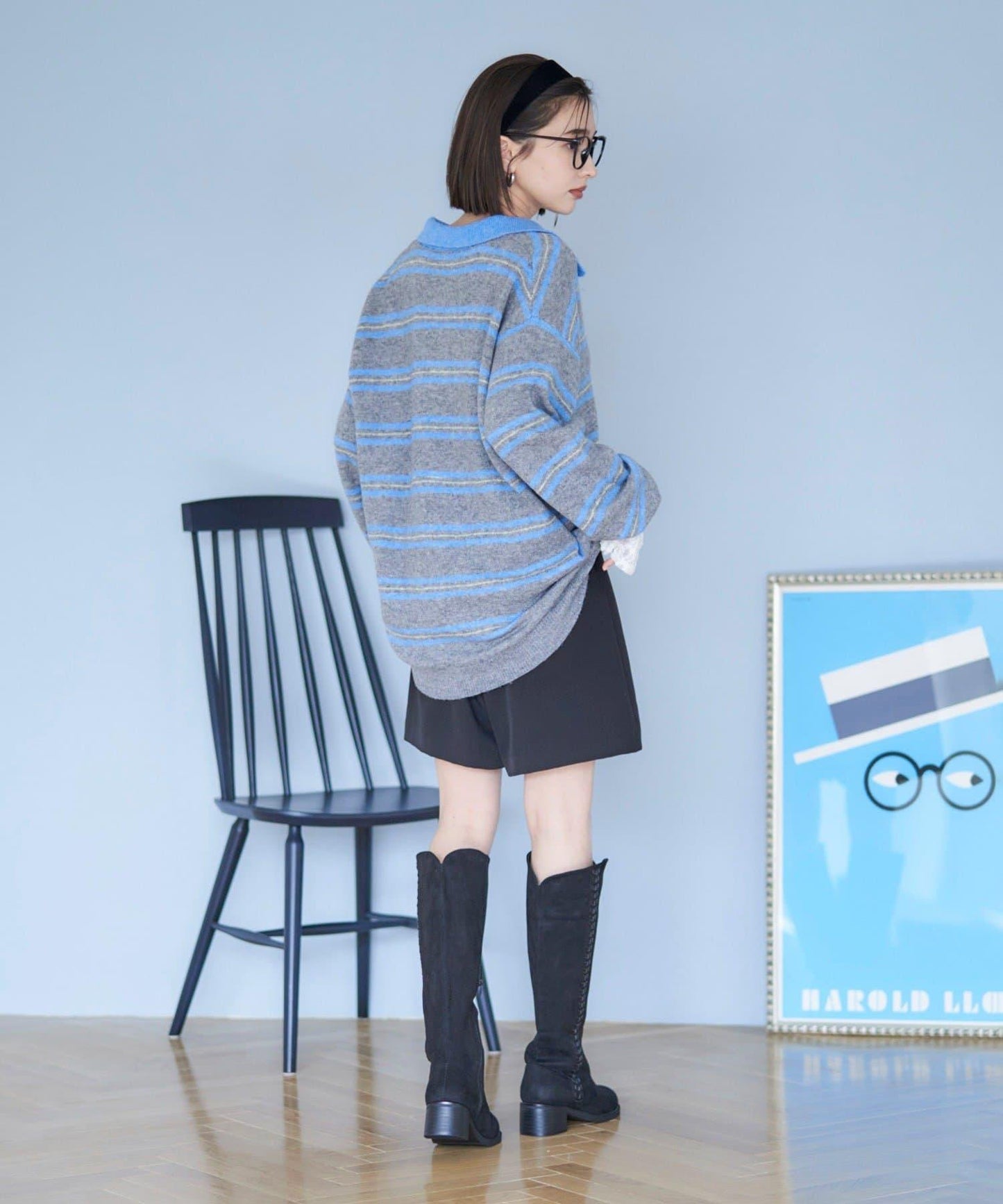 【NUNIFE】多色條紋翻領針織衫