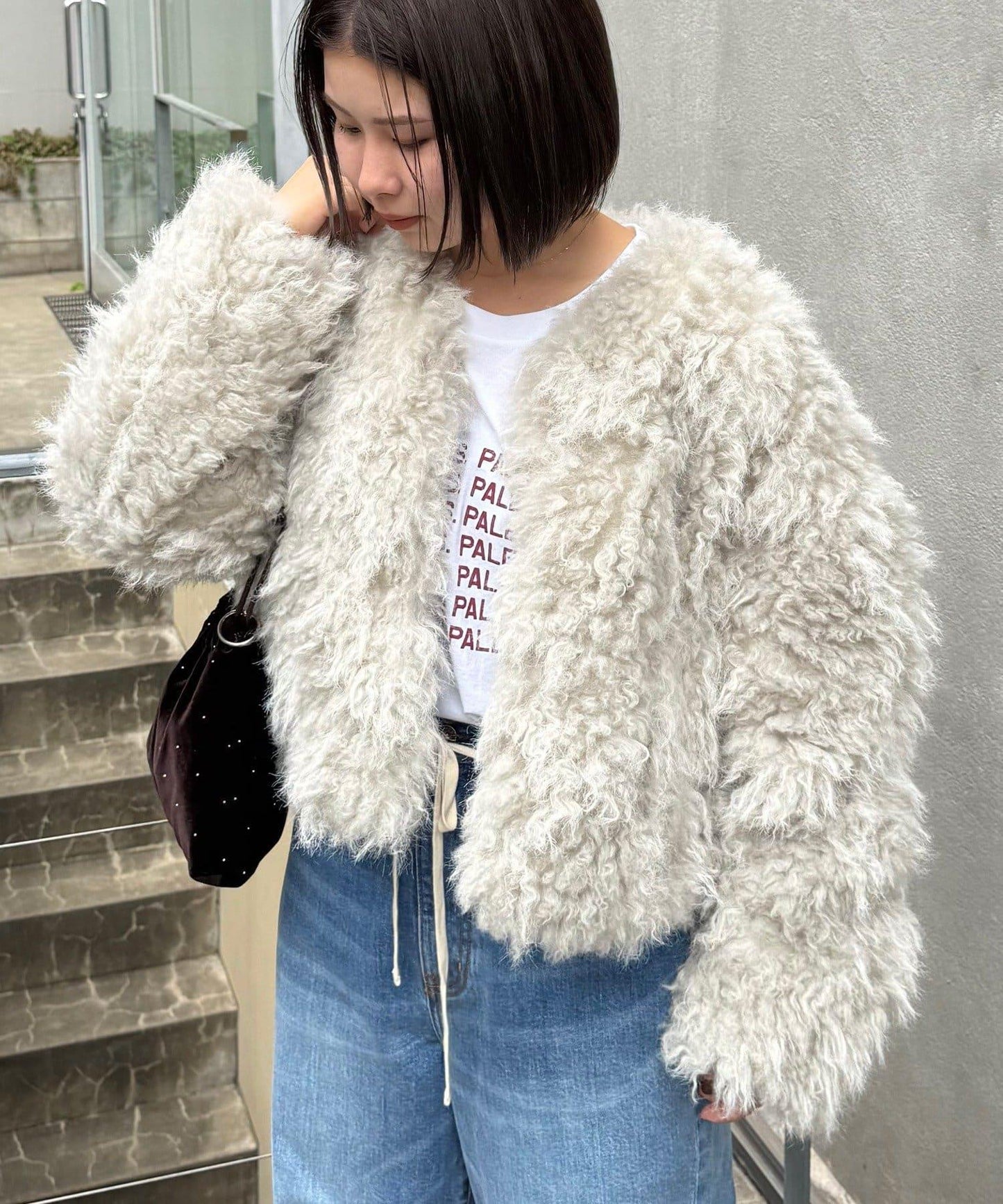 【willow】褶皺拼接仿毛外套