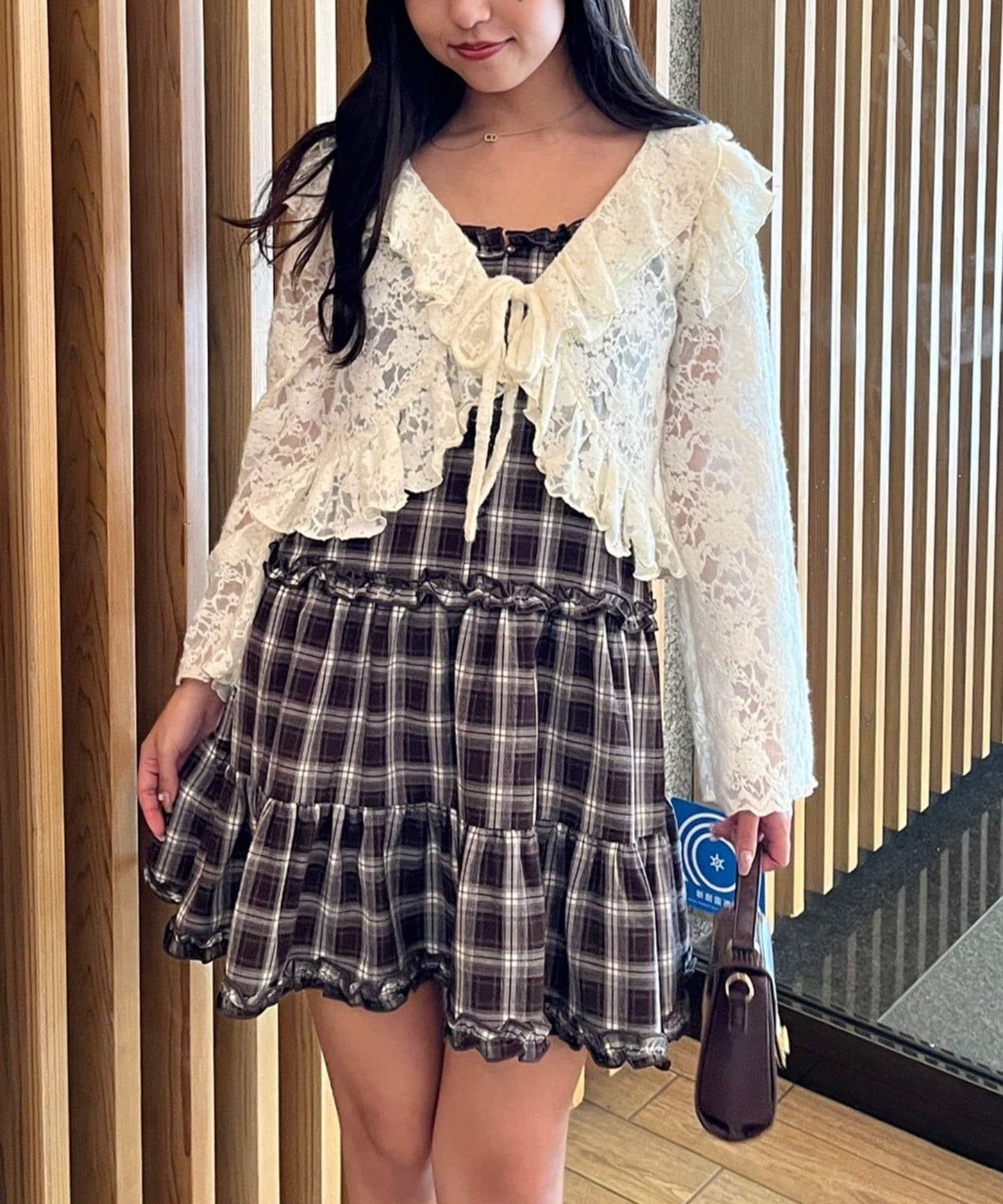 格紋層疊吊帶長款上衣