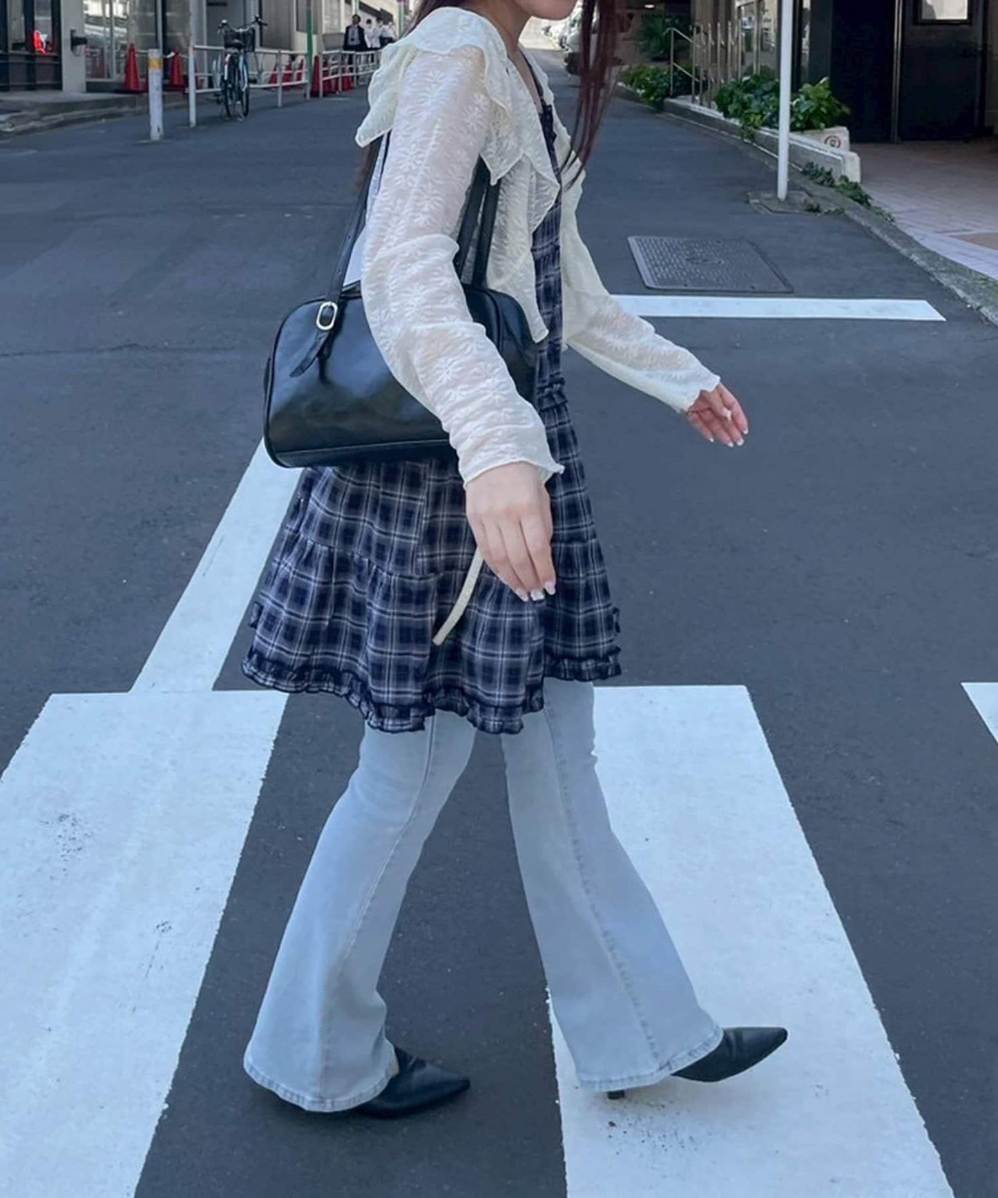 格紋層疊吊帶長款上衣