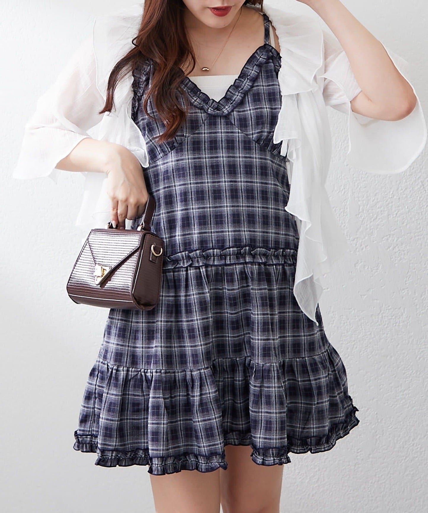 格紋層疊吊帶長款上衣