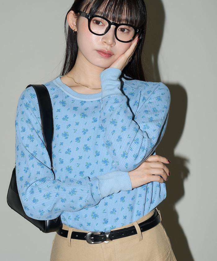 華夫格過染花卉圖案長袖T恤