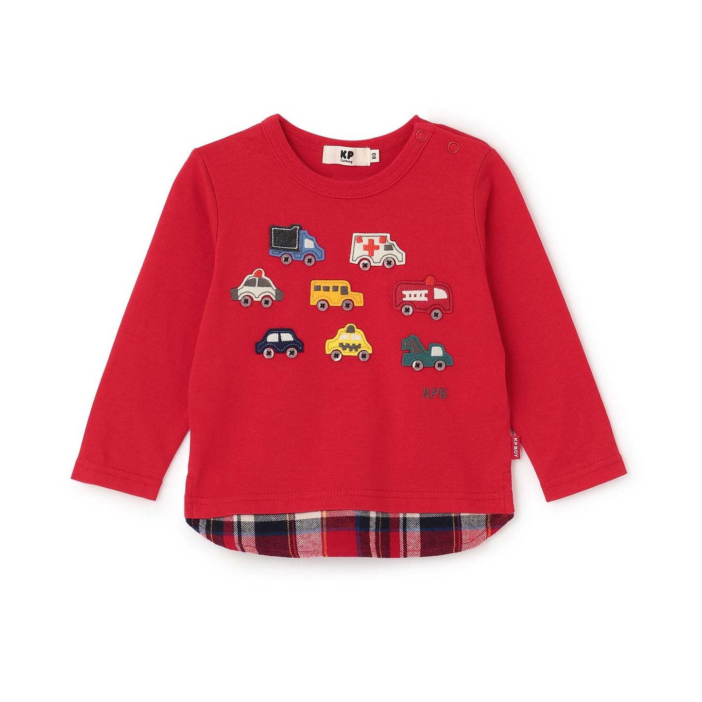 汽車貼布繡×下襬格紋長袖T恤