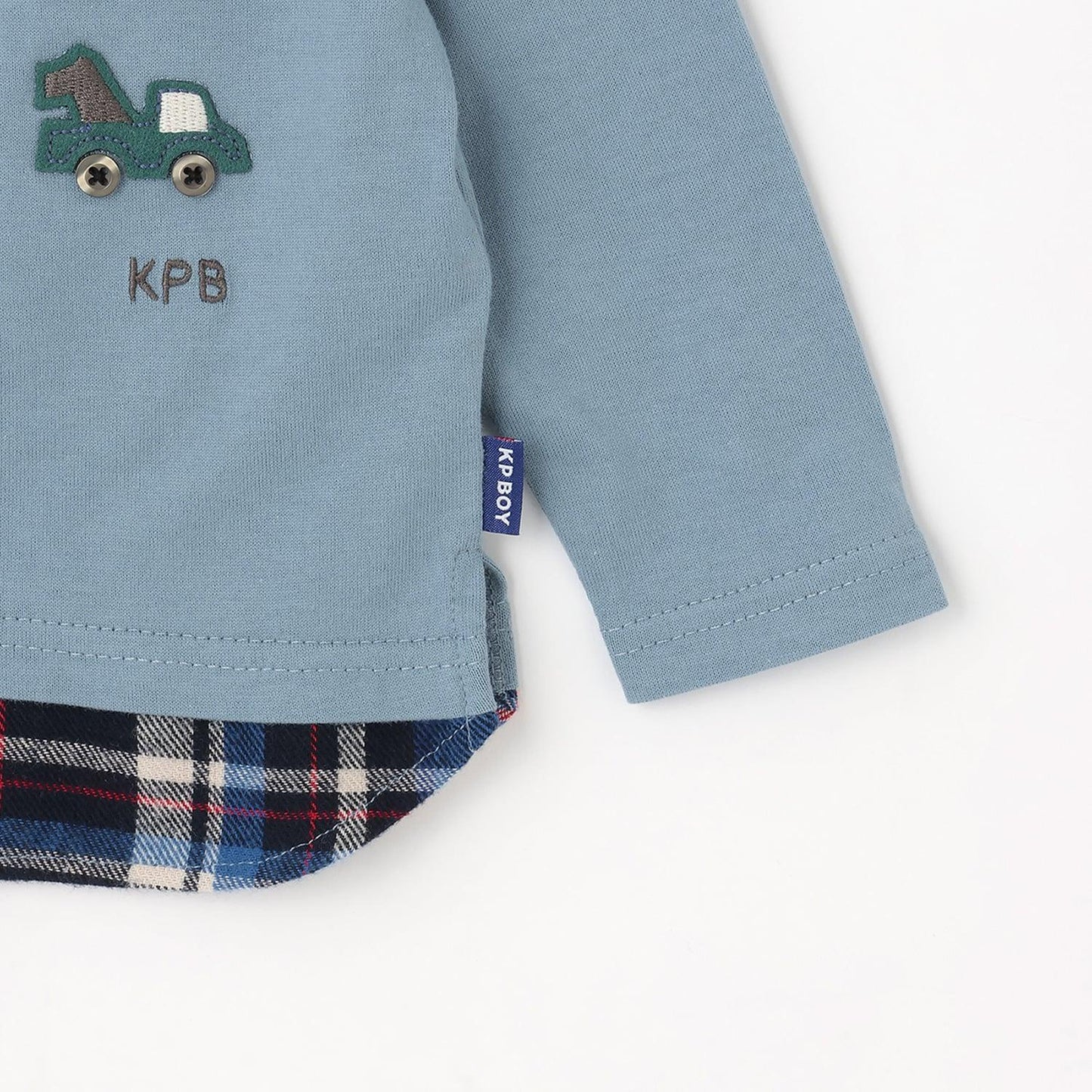 汽車貼布繡×下襬格紋長袖T恤