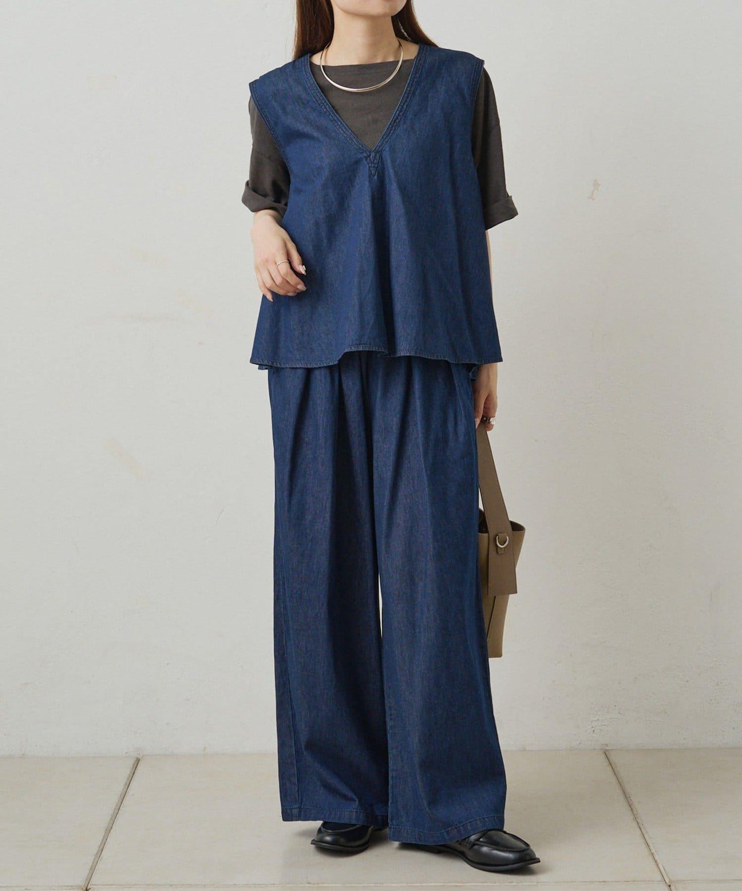 【套裝商品】牛仔喇叭袖上衣+休閒褲套裝