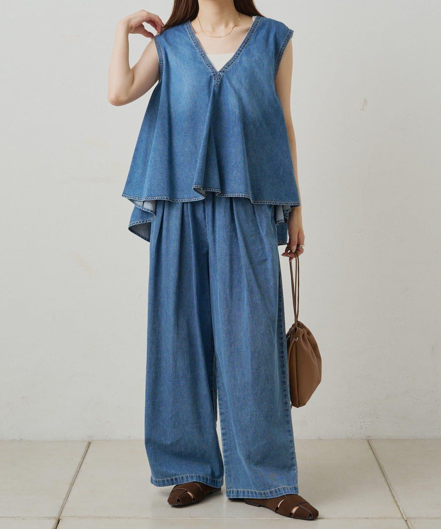 【套裝商品】牛仔喇叭袖上衣+休閒褲套裝