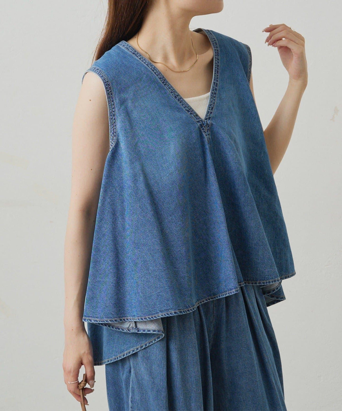 【套裝商品】牛仔喇叭袖上衣+休閒褲套裝