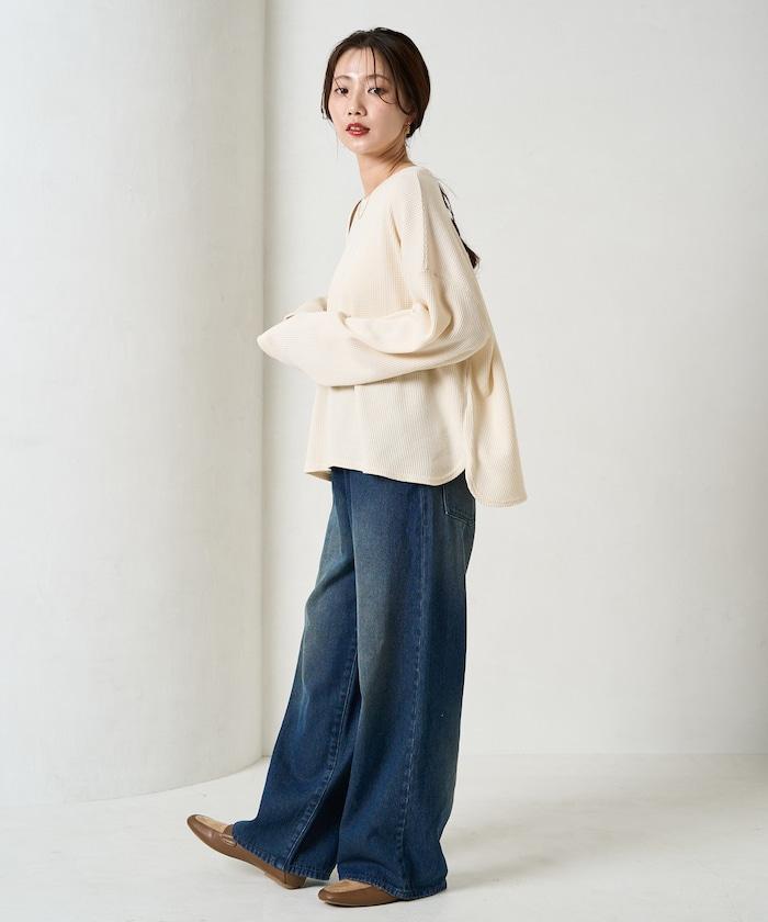 華夫格短款圓領套頭衫