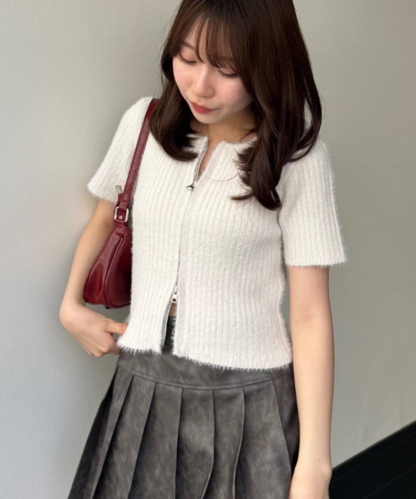 【RMAF】亮片羽毛雙拉鍊短袖針織衫