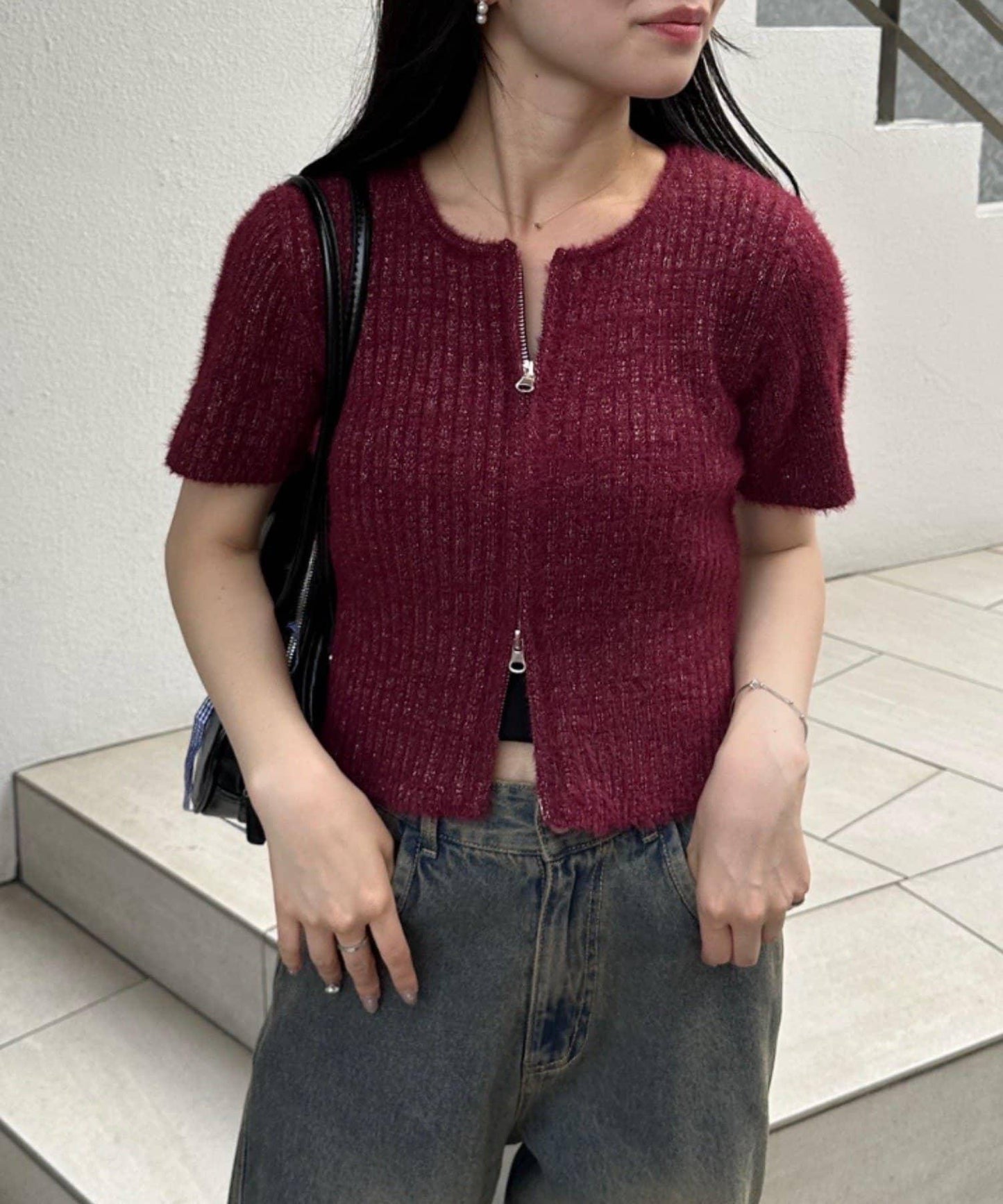 【RMAF】亮片羽毛雙拉鍊短袖針織衫