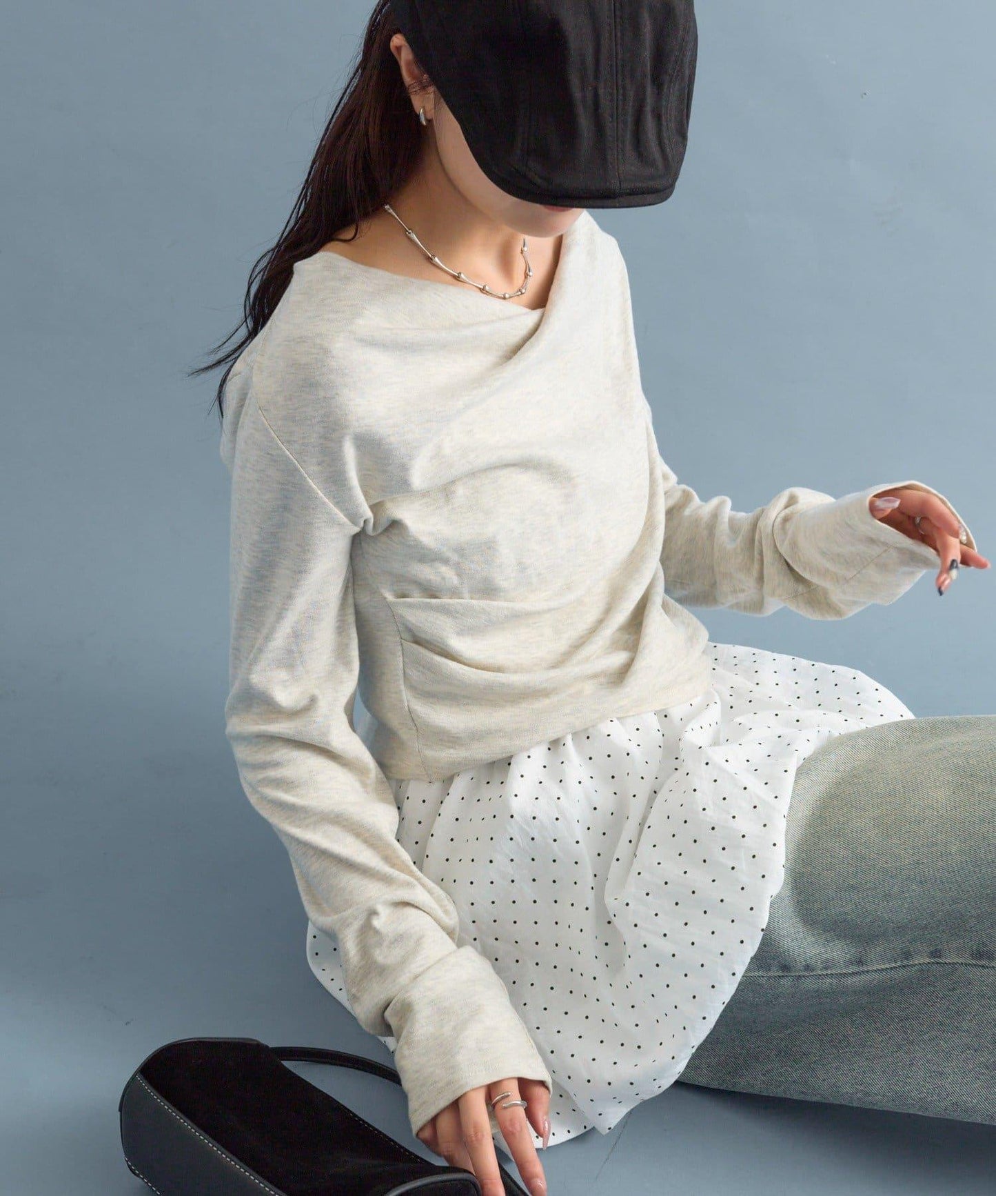 【人氣系列/新色白色・灰色2】一字肩長袖T恤※僅限電商渠道專屬顏色