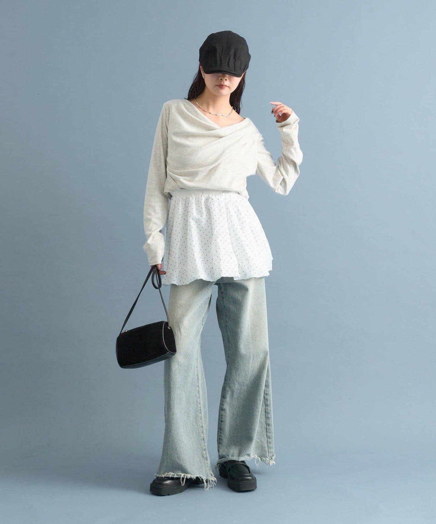 【人氣系列/新色白色・灰色2】一字肩長袖T恤※僅限電商渠道專屬顏色