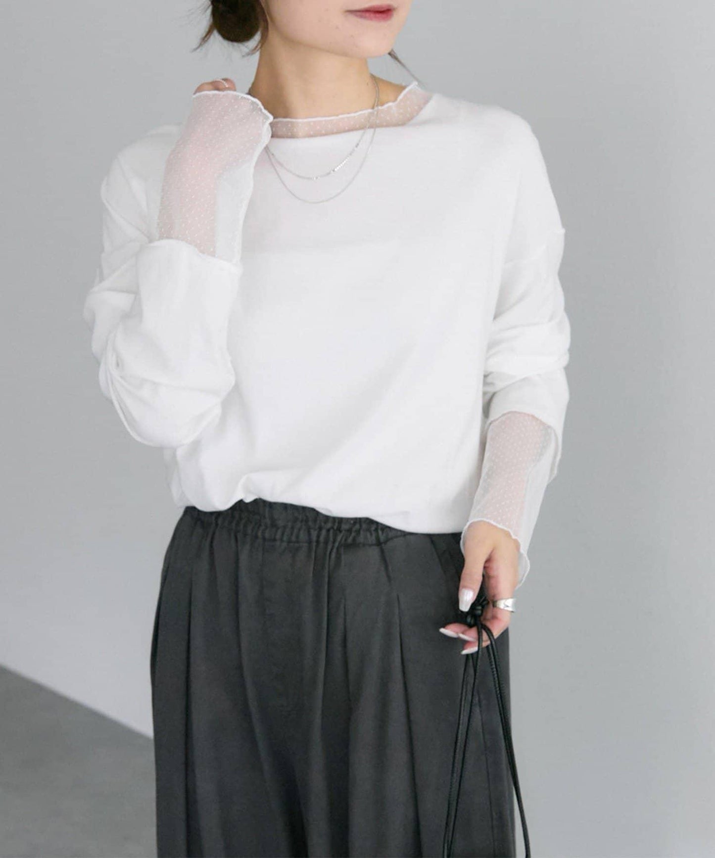 【復刻】波點網紗拼接疊穿長袖T恤