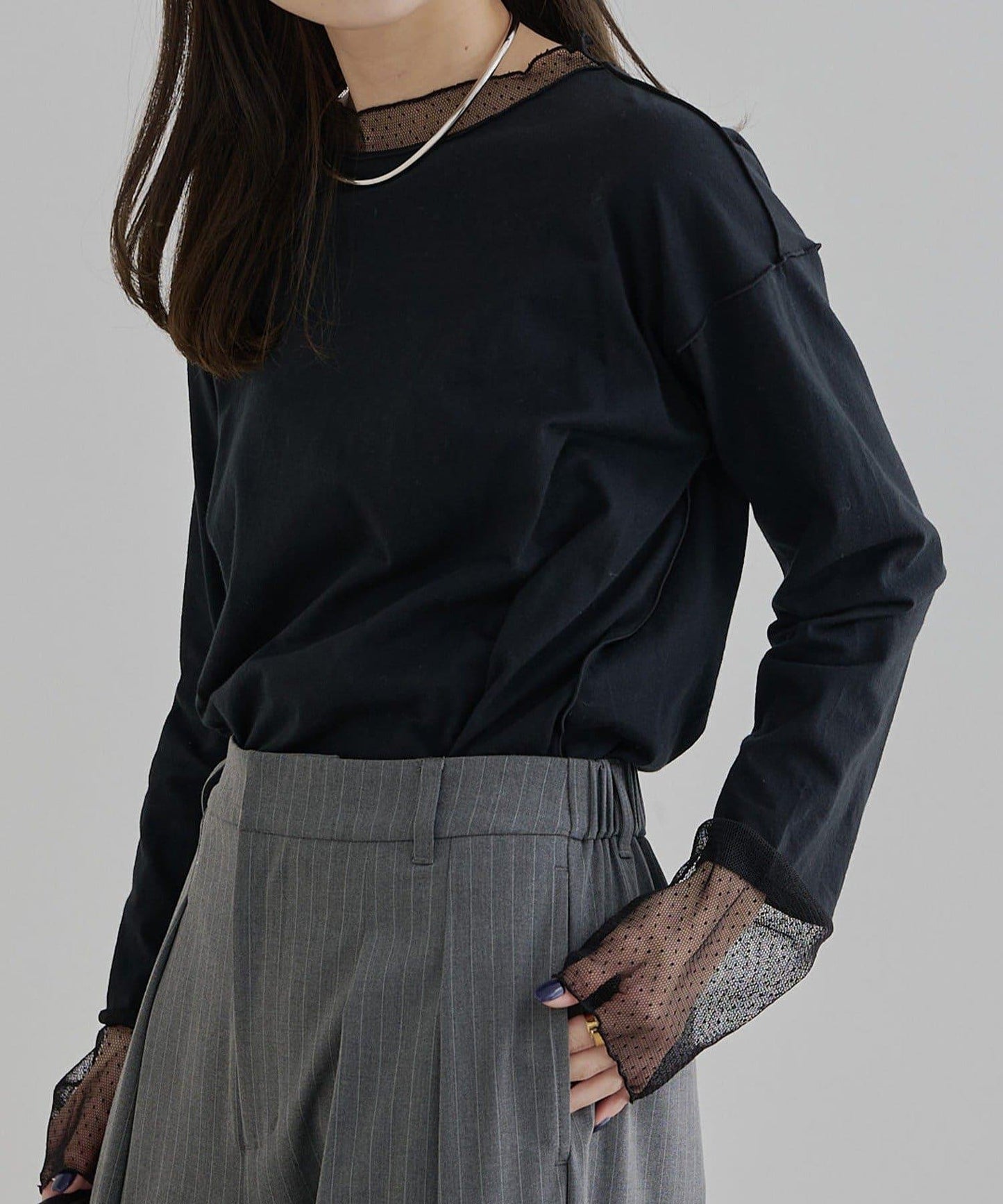 【復刻】波點網紗拼接疊穿長袖T恤