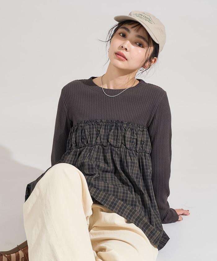 軍風羅紋拼接格紋長袖T恤