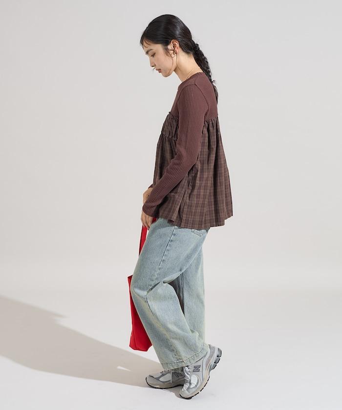 軍風羅紋拼接格紋長袖T恤